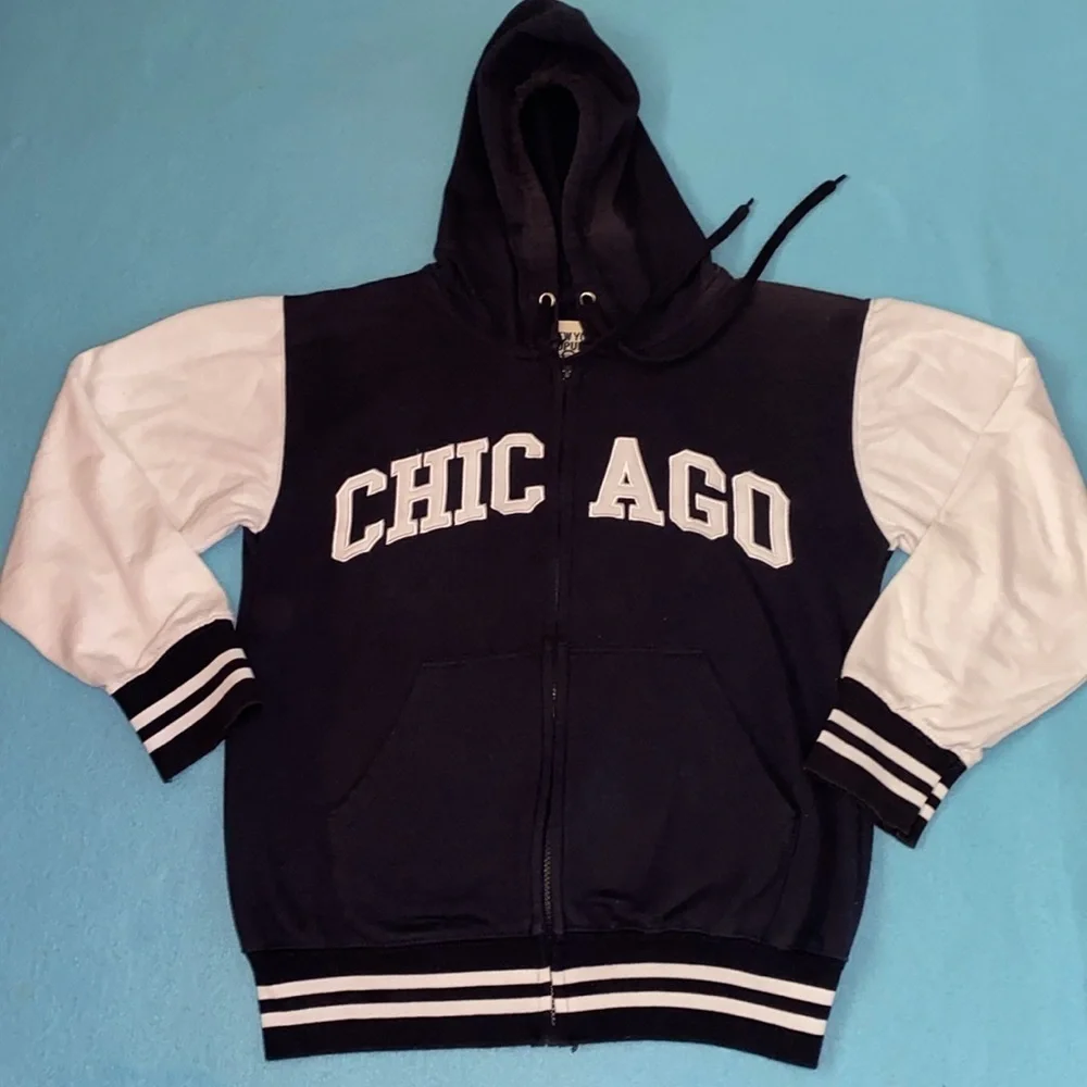 NEW YORK POPULAR Chicago jacket coat hood long sleeve navy white zip up size XS